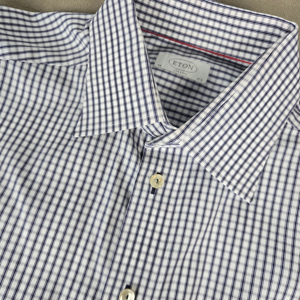 Eton of Sweden Classic Fit Dress Shirt Navy White Check 17.5 44 Long Sleeve